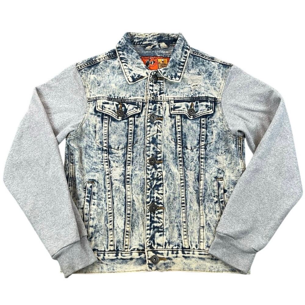 Rolling Paper Acid Wash Distressed Denim Sweatshirt Sleeve Trucker Jacket Size S